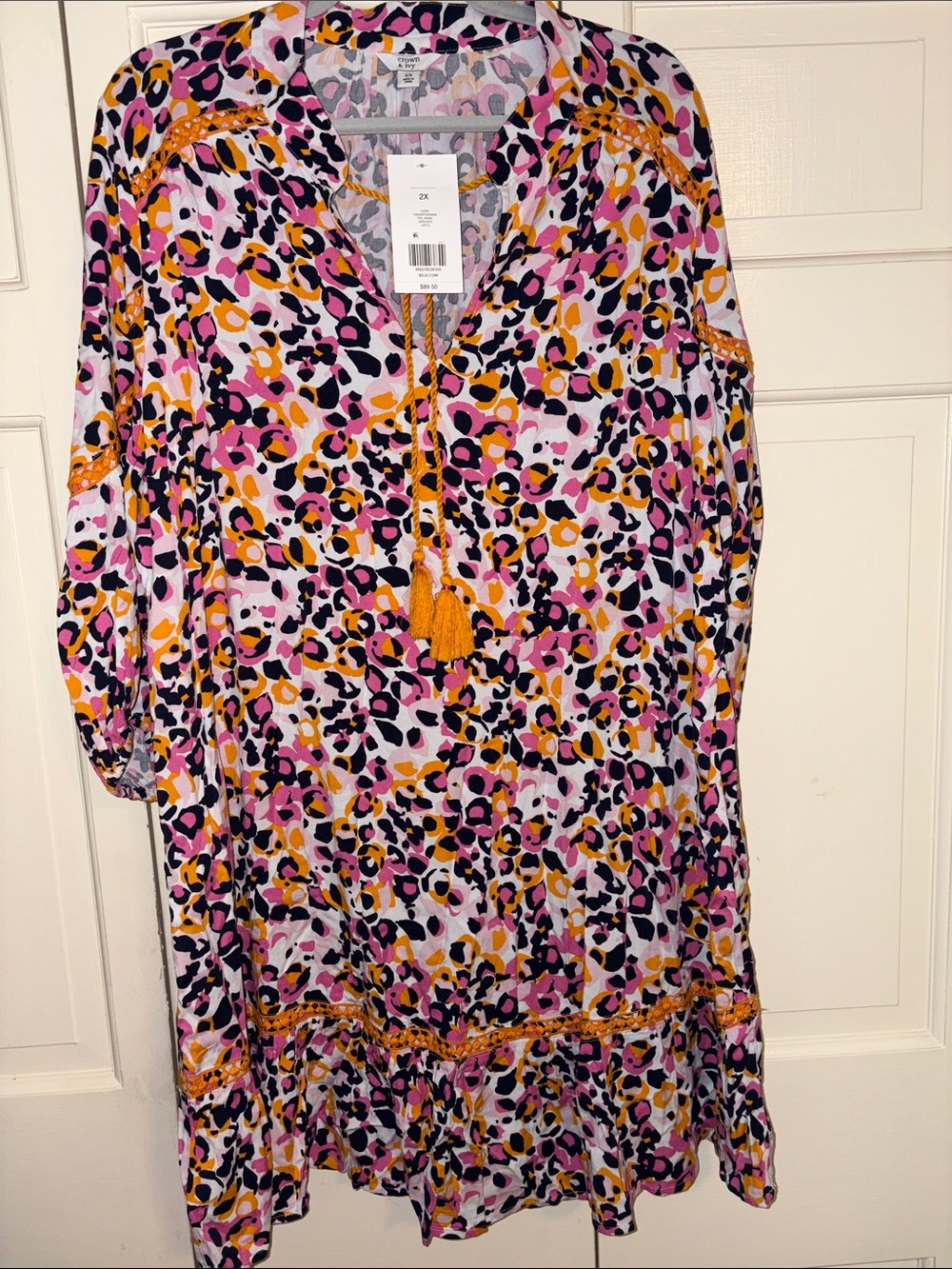 crown & ivy Pink Navy Orange Animal-Print Midi Dress with Tassel